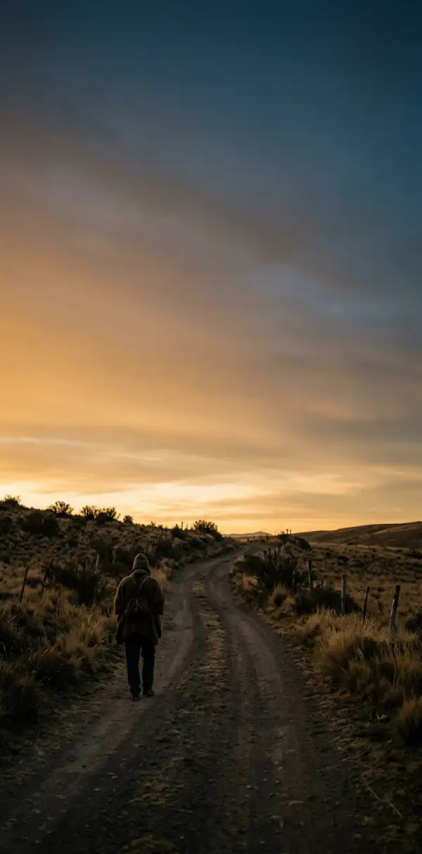 Figura caminando hacia el horizonte en un paisaje al atardecer, escena contemplativa y simbólica.