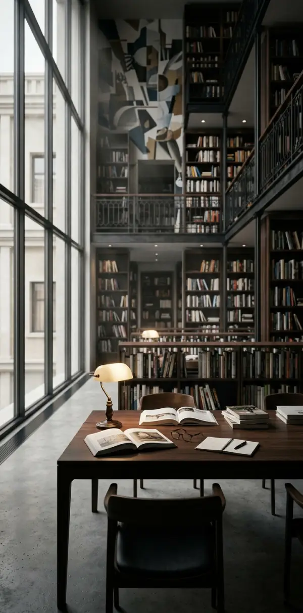 Biblioteca contemporánea con libros de arte y luz natural creando una atmósfera cultural y simbólica.