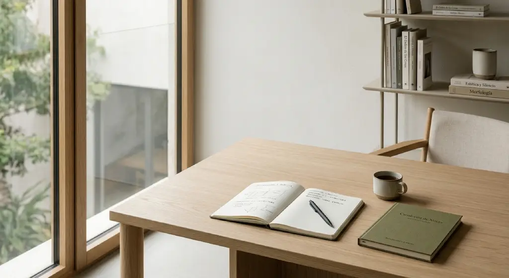 Interior minimalista de estudio contemporáneo con luz natural suave, cuaderno y objetos de trabajo en un espacio de reflexión y calma.