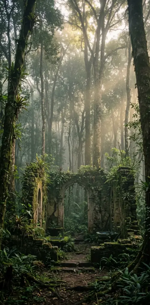 Ruinas antiguas entre vegetación y niebla en un paisaje natural con luz de amanecer.